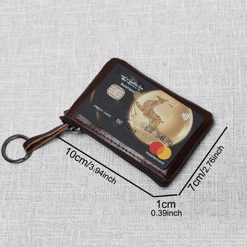 Handmade Leather Mini Coin Purse, Unisex First Layer Cowhide Zipper Wallet, Portable Retro Small Key Holder Pouch