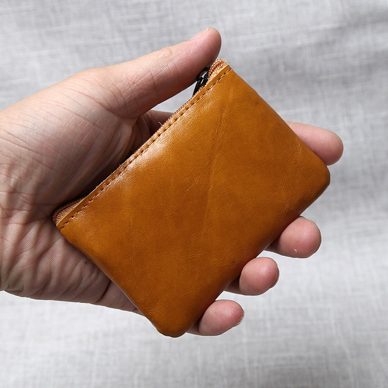 Handmade Leather Mini Coin Purse, Unisex First Layer Cowhide Zipper Wallet, Portable Retro Small Key Holder Pouch