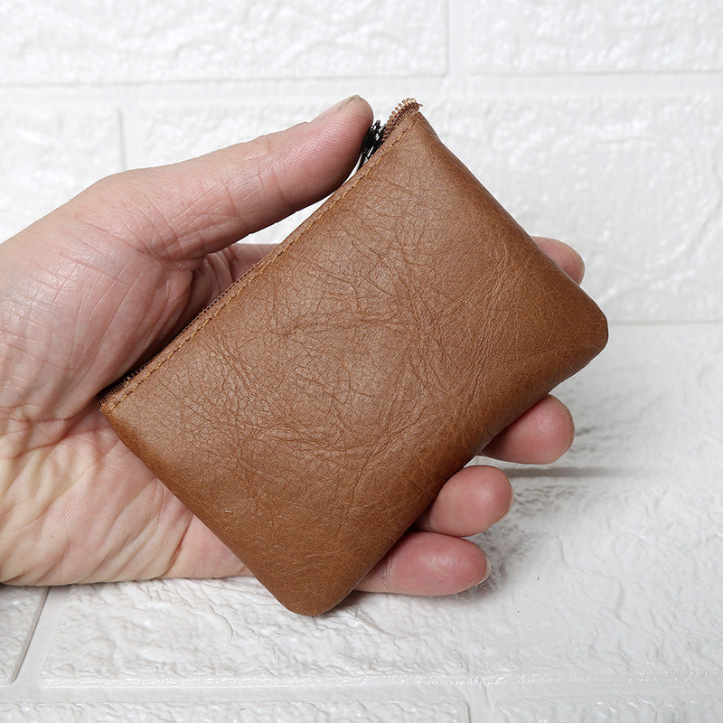 Handmade Leather Mini Coin Purse, Unisex First Layer Cowhide Zipper Wallet, Portable Retro Small Key Holder Pouch