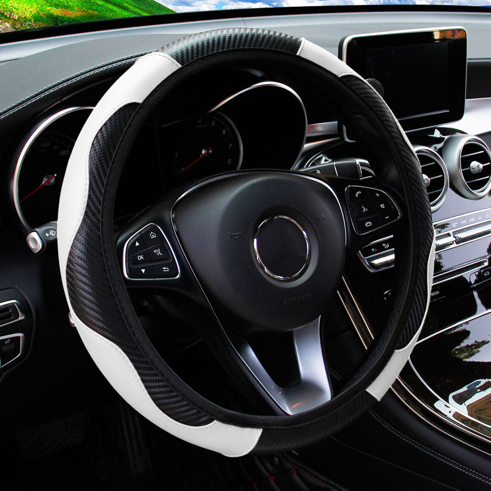 Premium PU Leather Carbon Fiber Car Steering Wheel Cover – Fits 14.5-15 Inches (No Inner Ring)