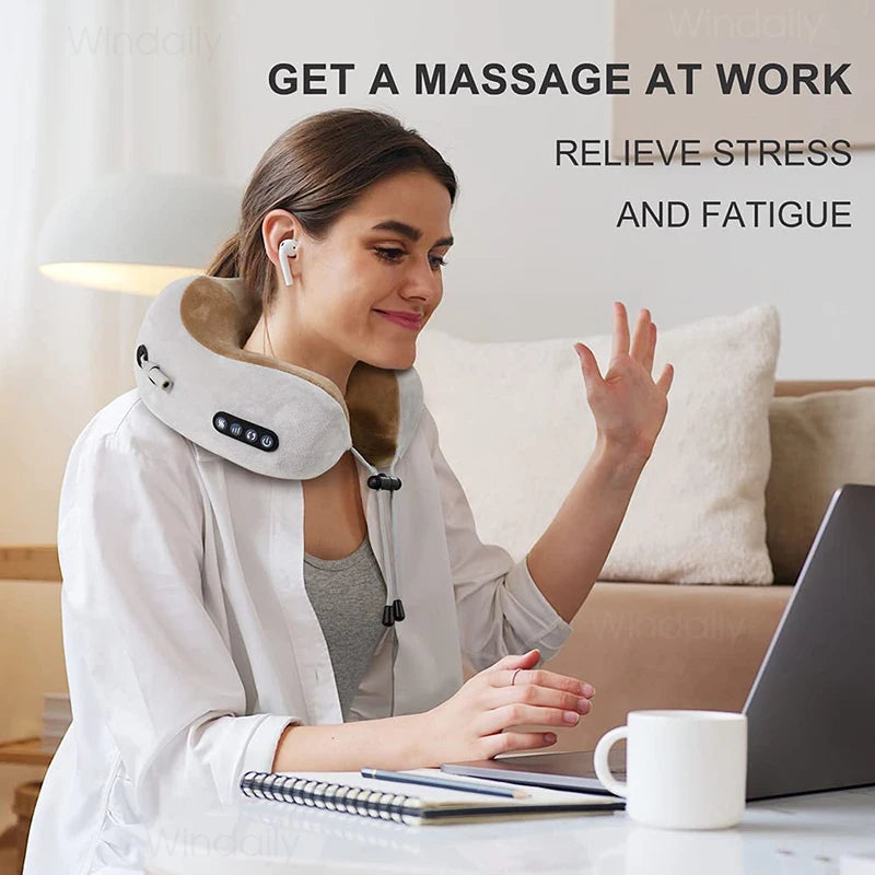 Electric Neck Massager With Heat Vibration 3D Kneading Shiatsu Massage, U Shaped Pillow For Shoulder Support