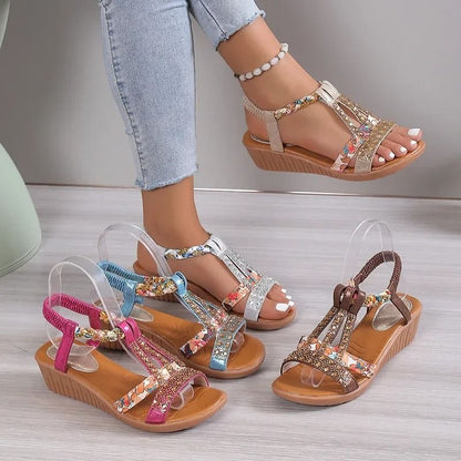 Women Wedge Sandals Summer Bohemia Rhinestones Casual Platform Sandals Female Peep Toe Outdoor Beach Shoes