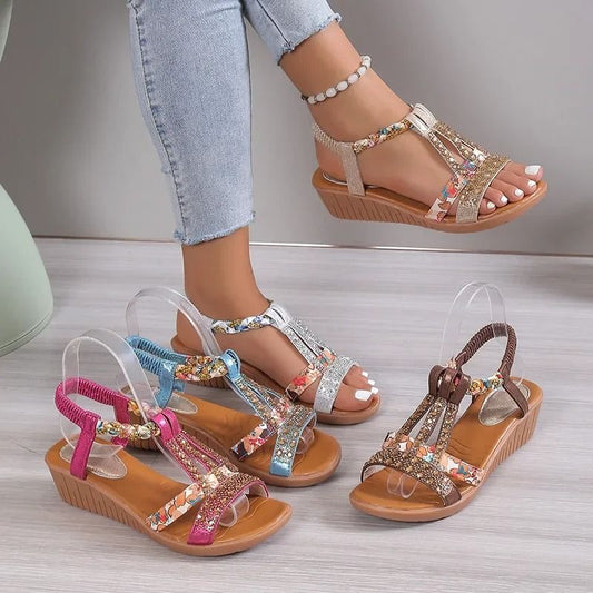 Women Wedge Sandals Summer Bohemia Rhinestones Casual Platform Sandals Female Peep Toe Outdoor Beach Shoes