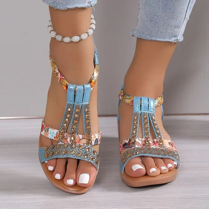 Women Wedge Sandals Summer Bohemia Rhinestones Casual Platform Sandals Female Peep Toe Outdoor Beach Shoes