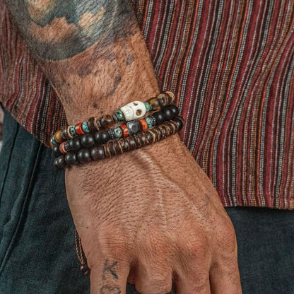 Vintage Beaded Bracelet for Men with Skull and Natural Stone Accents