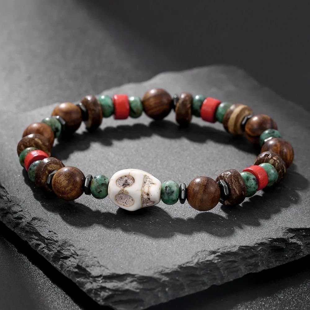 Vintage Beaded Bracelet for Men with Skull and Natural Stone Accents