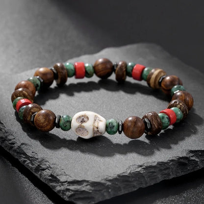 Vintage Beaded Bracelet for Men with Skull and Natural Stone Accents