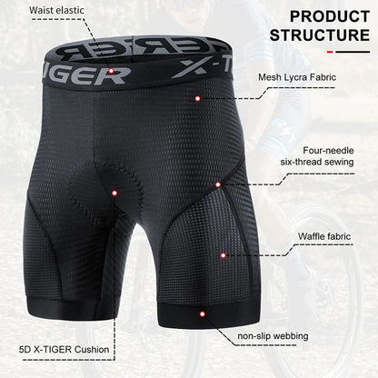 X TIGER Mens Cycling Underwear Shorts 5D Padded Sports Riding Bike Bicycle MTB Liner Shorts with Anti Slip Leg Grips
