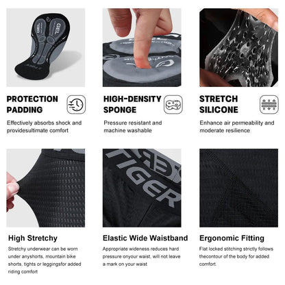X TIGER Mens Cycling Underwear Shorts 5D Padded Sports Riding Bike Bicycle MTB Liner Shorts with Anti Slip Leg Grips