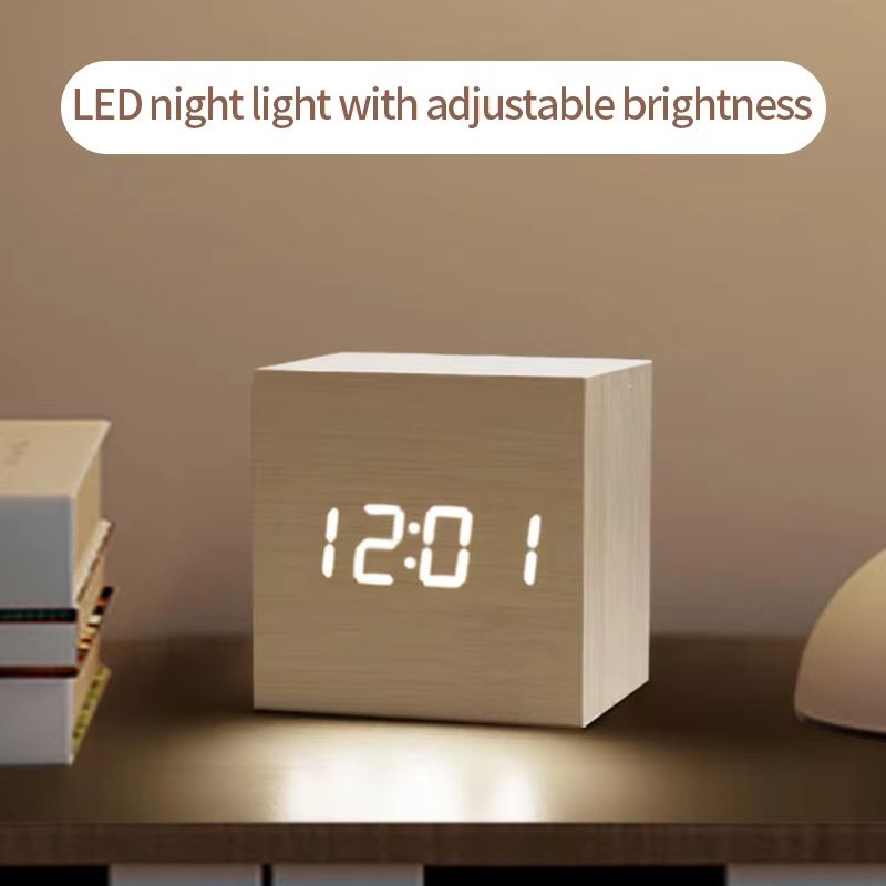 Minimalist Wooden LED Alarm Clock – Sound-Activated Display with Temperature for Bedroom or Office Decor
