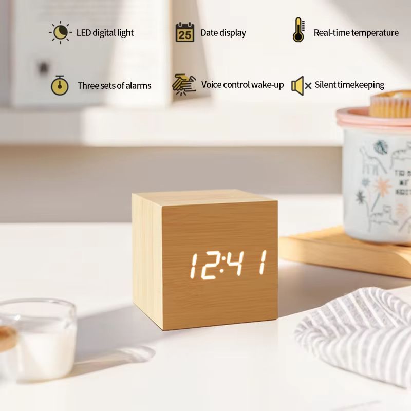 Minimalist Wooden LED Alarm Clock – Sound-Activated Display with Temperature for Bedroom or Office Decor