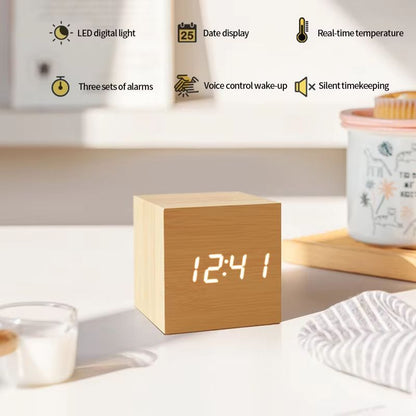 Minimalist Wooden LED Alarm Clock – Sound-Activated Display with Temperature for Bedroom or Office Decor