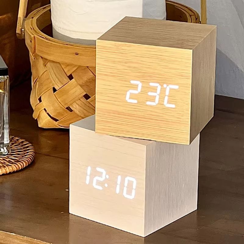Minimalist Wooden LED Alarm Clock – Sound-Activated Display with Temperature for Bedroom or Office Decor