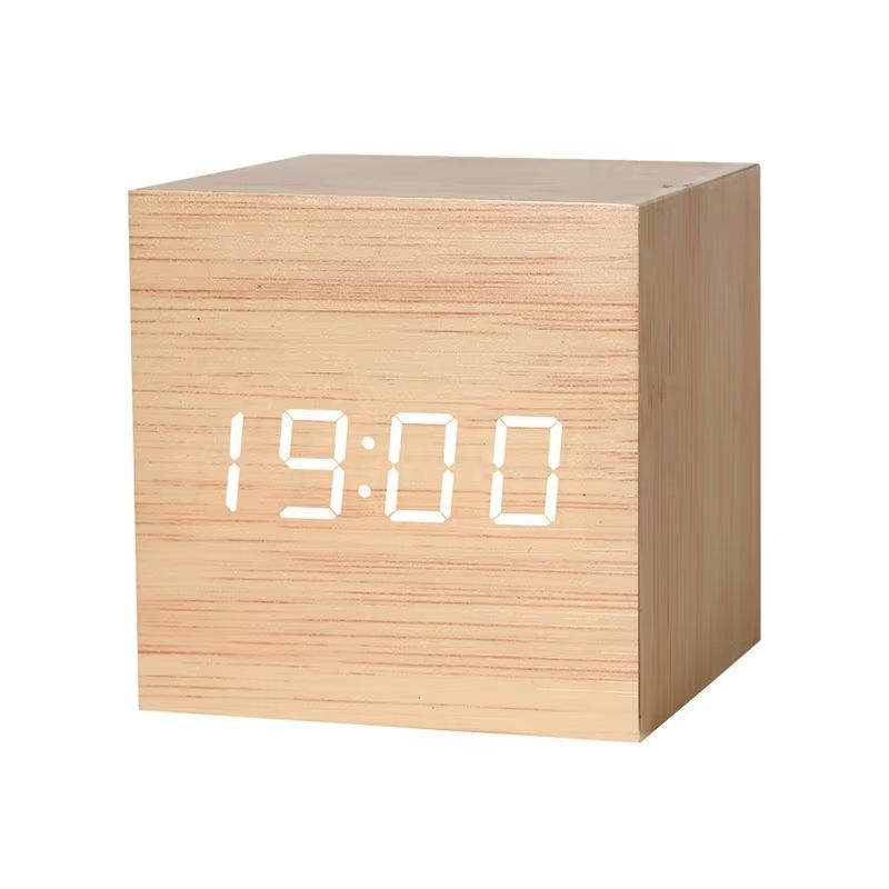 Minimalist Wooden LED Alarm Clock – Sound-Activated Display with Temperature for Bedroom or Office Decor