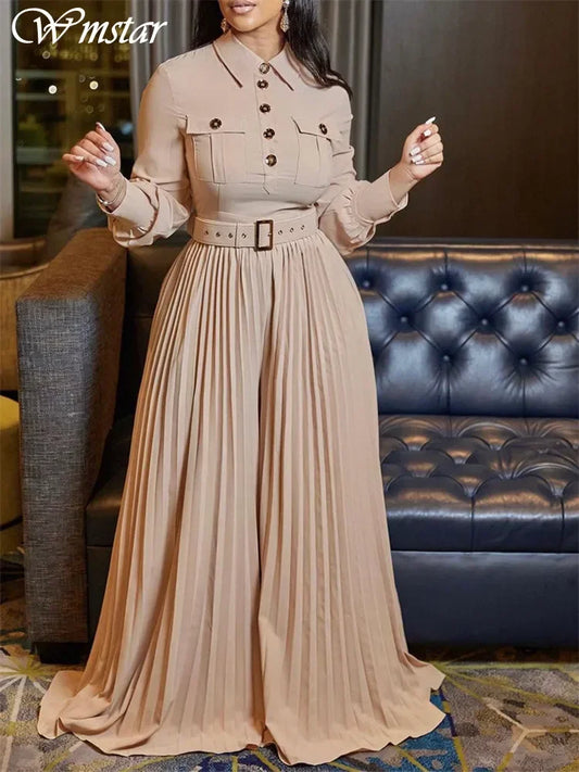 WMSTAR Womens Jumpsuit, Office Lady Button-Down Fashion Maxi Romper with Belt, Fall Clothes for Women