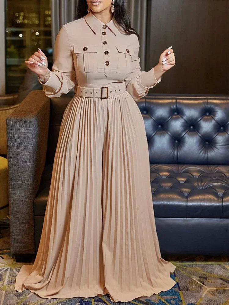 WMSTAR Womens Jumpsuit, Office Lady Button-Down Fashion Maxi Romper with Belt, Fall Clothes for Women