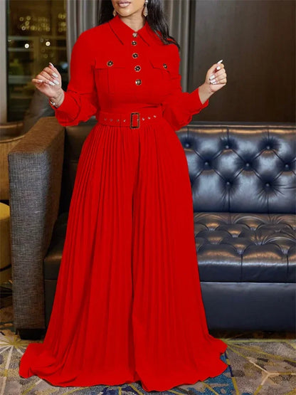WMSTAR Womens Jumpsuit, Office Lady Button-Down Fashion Maxi Romper with Belt, Fall Clothes for Women