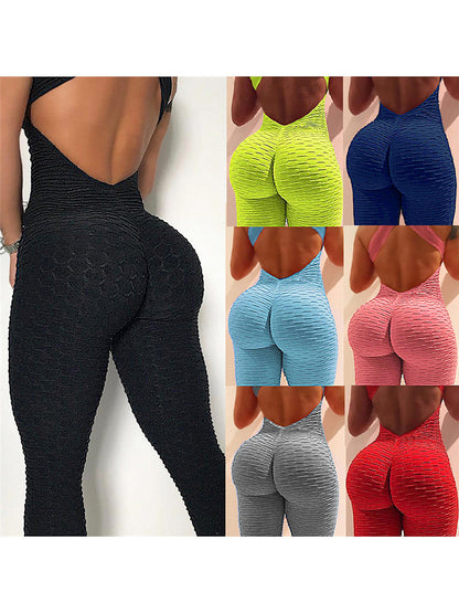 Womens Sports Suit, Sleeveless Backless Jumpsuit, Quick-Dry Gym Bodysuit, Fitness Tights Scrunch Leggings for Workouts