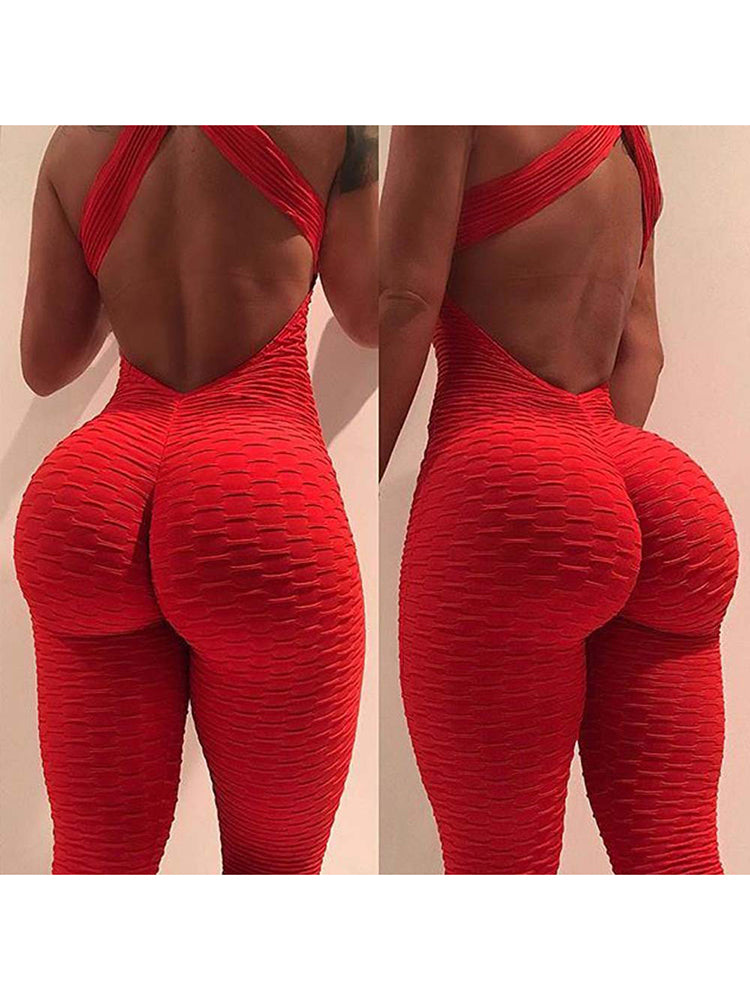 Womens Sports Suit, Sleeveless Backless Jumpsuit, Quick-Dry Gym Bodysuit, Fitness Tights Scrunch Leggings for Workouts
