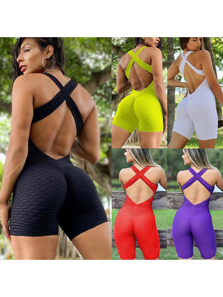 Womens Sports Suit, Sleeveless Backless Jumpsuit, Quick-Dry Gym Bodysuit, Fitness Tights Scrunch Leggings for Workouts