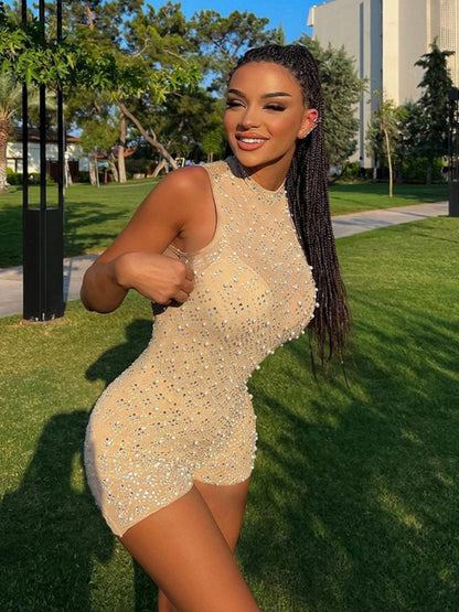 Elegant Beaded Mesh Bodycon Jumpsuit for Women