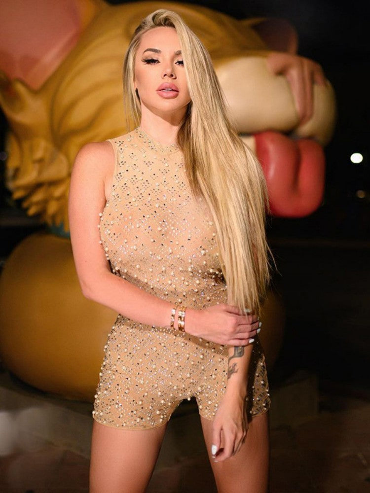 Elegant Beaded Mesh Bodycon Jumpsuit for Women