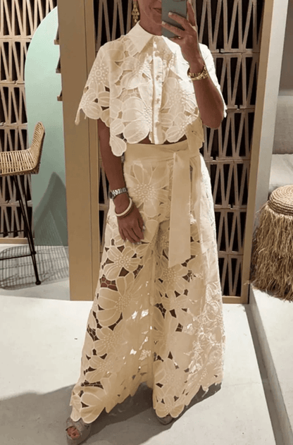 Elegant Lapel Shirt and Wide Leg Pants TwoPiece Suit for Women