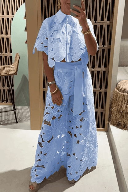 Elegant Lapel Shirt and Wide Leg Pants TwoPiece Suit for Women