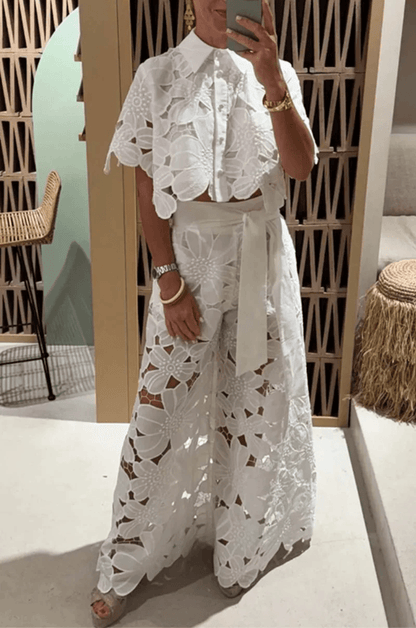 Elegant Lapel Shirt and Wide Leg Pants TwoPiece Suit for Women