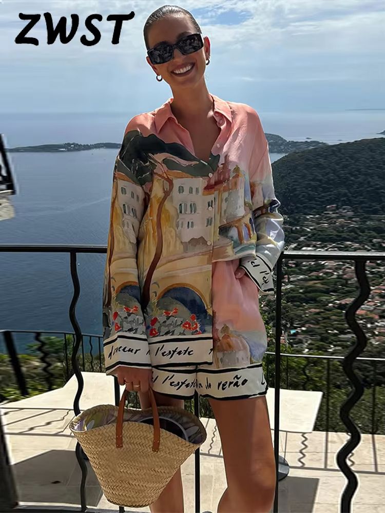 Womens Summer 2025 Printed Shirt and Shorts Set - Casual Holiday Outfit