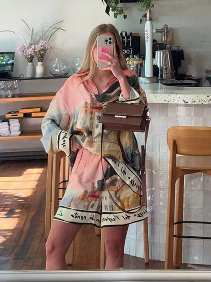 Womens Summer 2025 Printed Shirt and Shorts Set - Casual Holiday Outfit