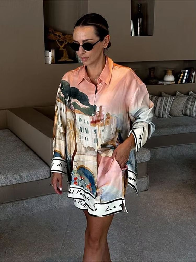 Womens Summer 2025 Printed Shirt and Shorts Set - Casual Holiday Outfit