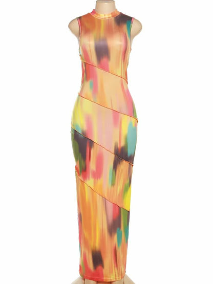 Colorblock Bodycon Patchwork Dress – Sleeveless Summer Clubwear for Women