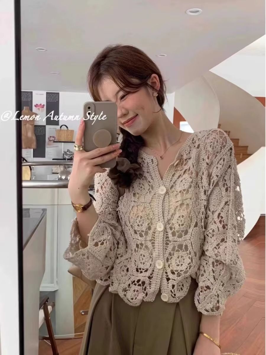 Elegant Crochet Knit Button-Up Cardigan Beach Cover Up