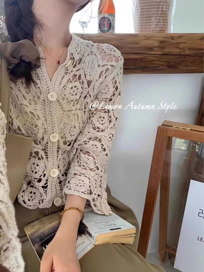 Elegant Crochet Knit Button-Up Cardigan Beach Cover Up