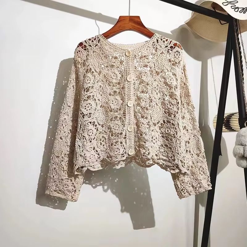 Elegant Crochet Knit Button-Up Cardigan Beach Cover Up