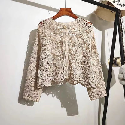 Elegant Crochet Knit Button-Up Cardigan Beach Cover Up
