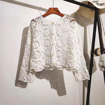 Elegant Crochet Knit Button-Up Cardigan Beach Cover Up