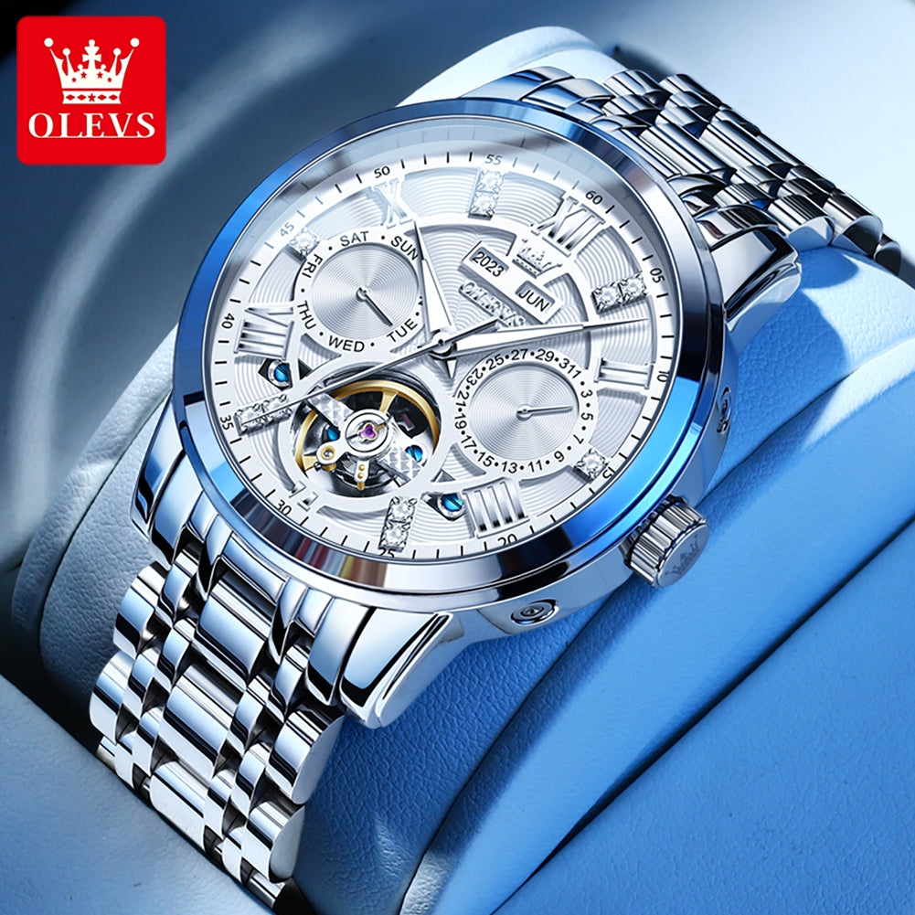 Men Automatic Mechanical Skeleton Watch, Flywheel Movement, Waterproof Wristwatch for Man, Luminous Calendar