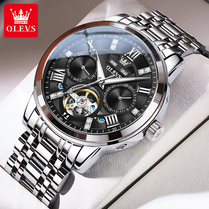 Men Automatic Mechanical Skeleton Watch, Flywheel Movement, Waterproof Wristwatch for Man, Luminous Calendar