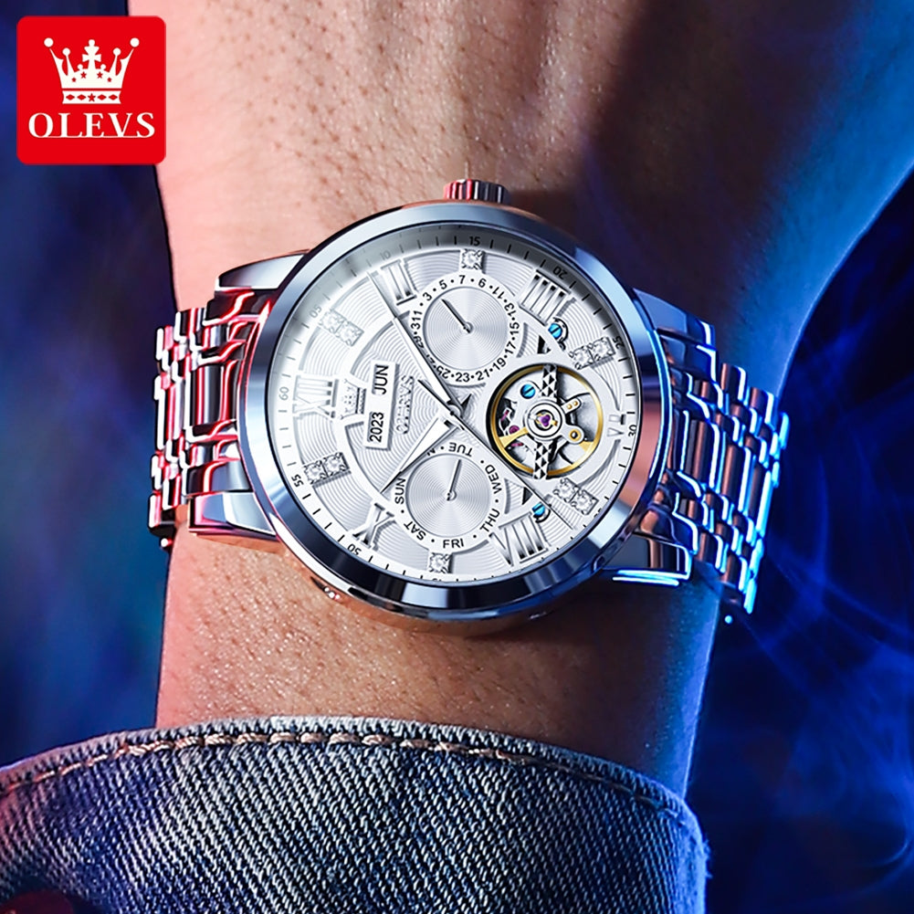 Men Automatic Mechanical Skeleton Watch, Flywheel Movement, Waterproof Wristwatch for Man, Luminous Calendar