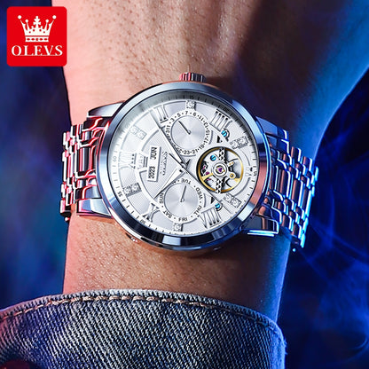 Men Automatic Mechanical Skeleton Watch, Flywheel Movement, Waterproof Wristwatch for Man, Luminous Calendar