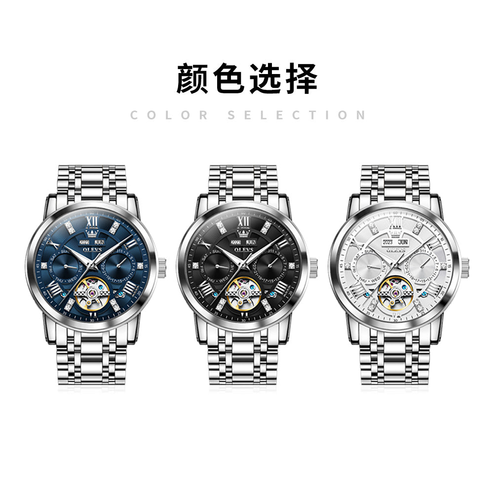 Men Automatic Mechanical Skeleton Watch, Flywheel Movement, Waterproof Wristwatch for Man, Luminous Calendar