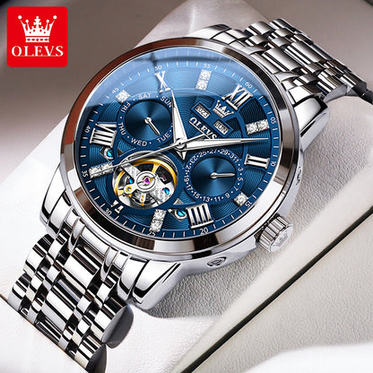 Men Automatic Mechanical Skeleton Watch, Flywheel Movement, Waterproof Wristwatch for Man, Luminous Calendar