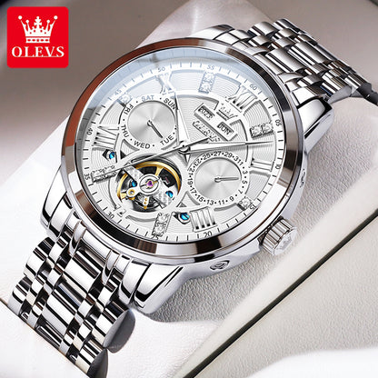 Men Automatic Mechanical Skeleton Watch, Flywheel Movement, Waterproof Wristwatch for Man, Luminous Calendar
