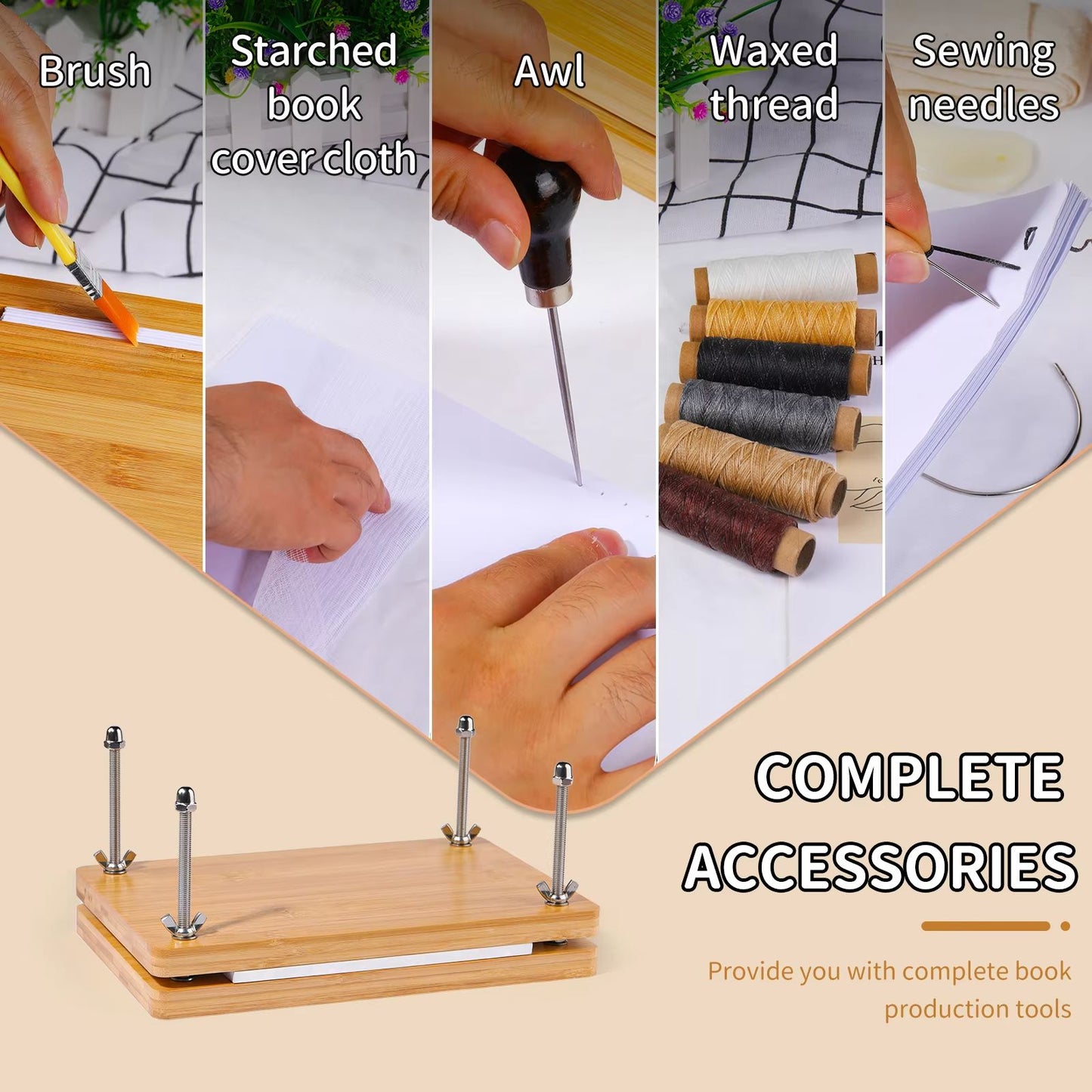 Complete Bookbinding Tools Set with Bone Folder, Waxed Thread, and Paulownia Wood Portable Binding Press