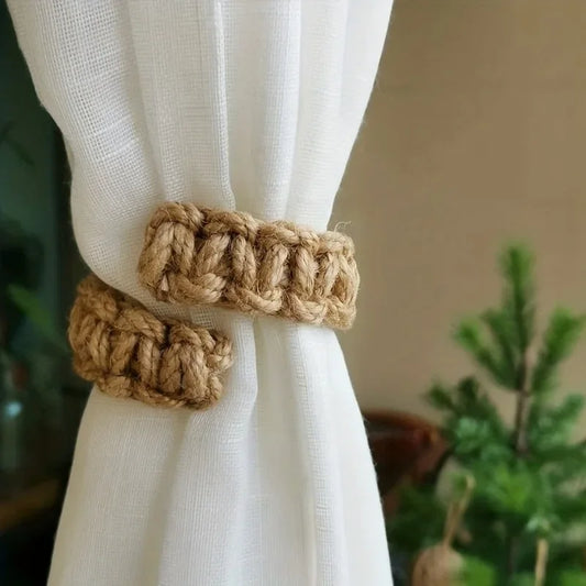 Handwoven Curtain Holders, Retro Jute Curtain Tieback Holdback with Embrasse Rideau Strap for Boho Home Decor