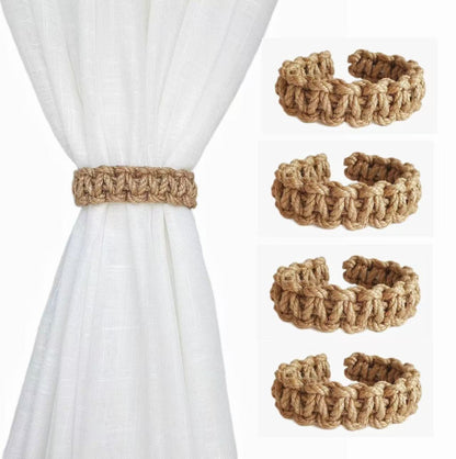 Handwoven Curtain Holders, Retro Jute Curtain Tieback Holdback with Embrasse Rideau Strap for Boho Home Decor