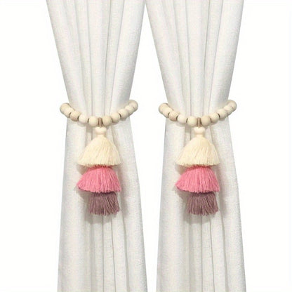 2pcs Bohemian Farmhouse Curtain Ties, Handmade Wooden Bead Curtain Holdbacks for Bedroom, Living Room & Home Decor