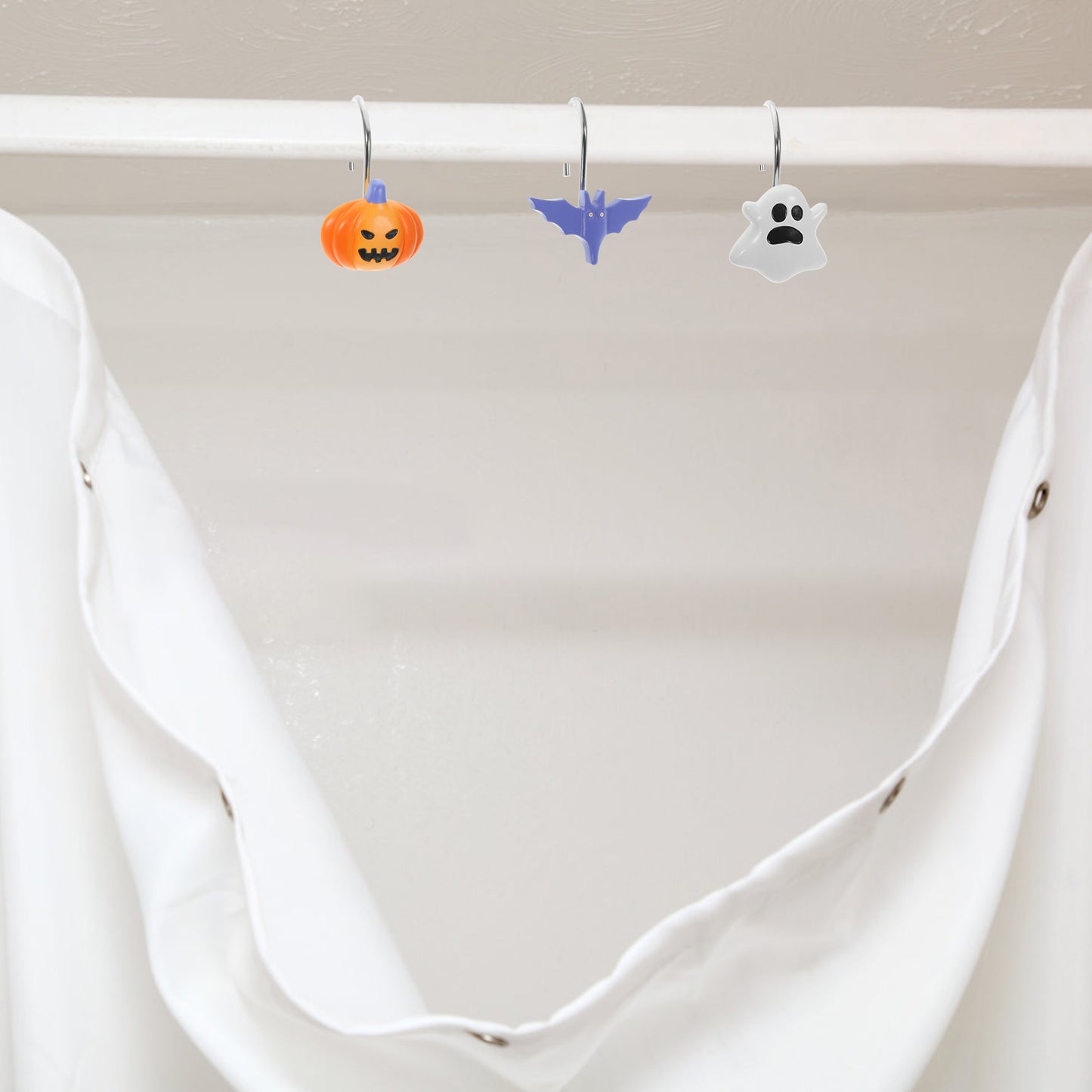 12 Pcs Halloween Shower Curtain Hooks, Bat, Pumpkin & Ghost Theme Decorative Bath Rings, Spooky Bathroom Accessories